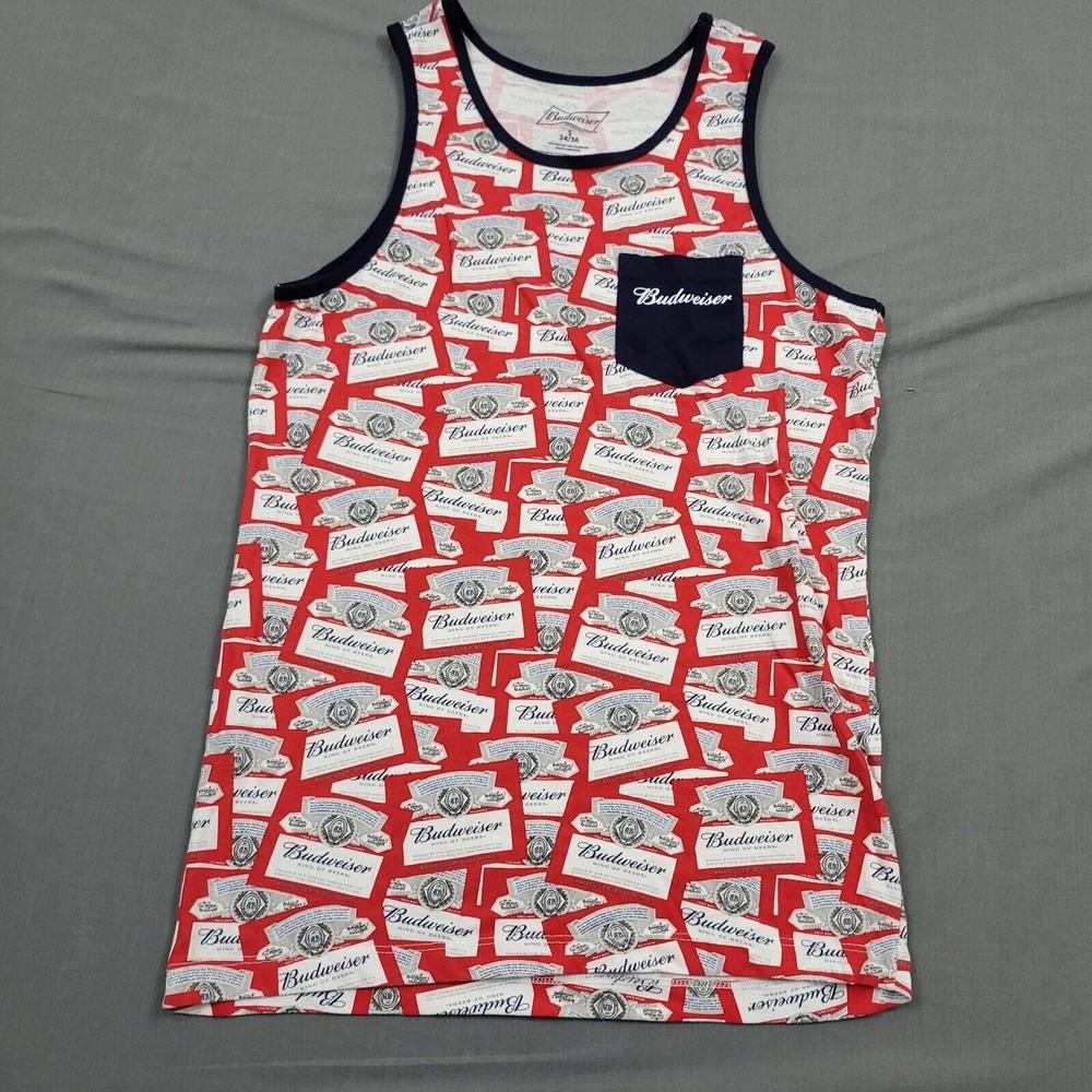 Budweiser Mens Tank Top Small Red White Blue All Over Print Pocket Beer Label‎
